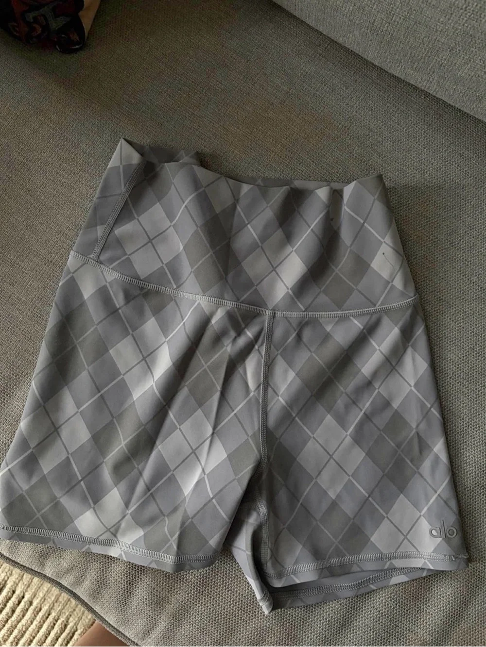 ALO Yoga Gray Argyle High-Rise Bike Shorts